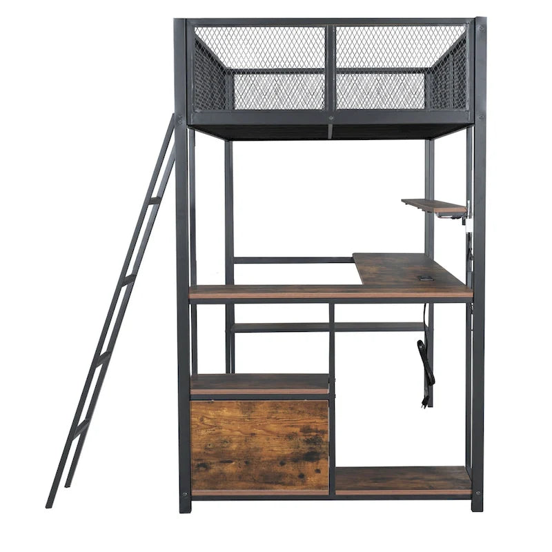Twin Size Metal Loft Bed with Built-in Work Station, LED and Multiple Storage