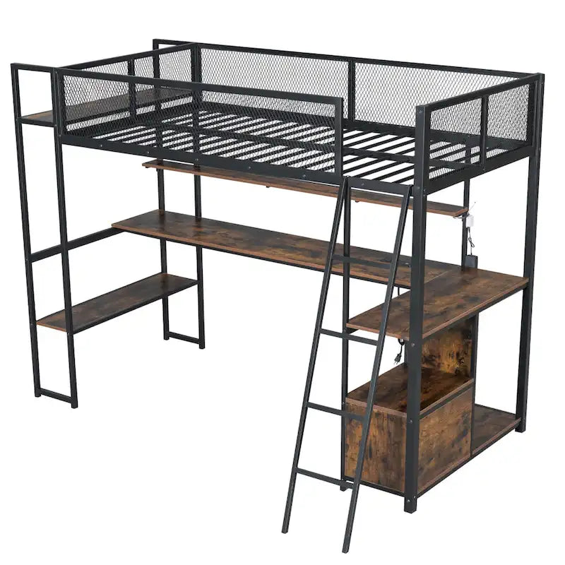 Twin Size Metal Loft Bed with Built-in Work Station, LED and Multiple Storage