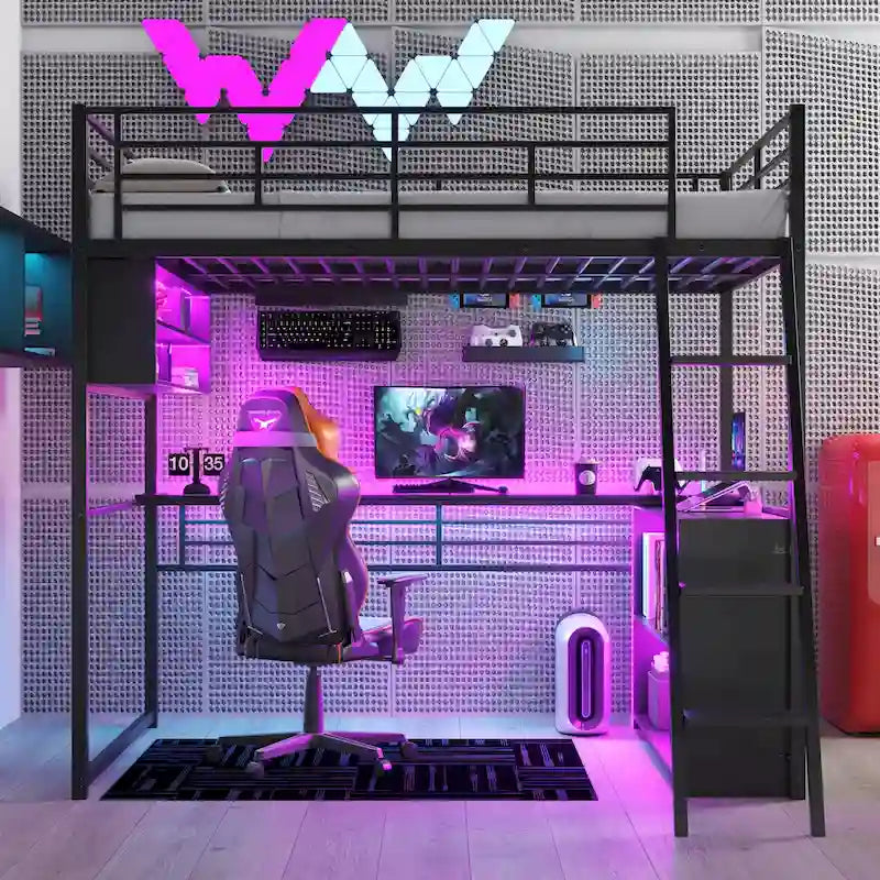 Full Metal Loft Bed with LED Desk & Storage