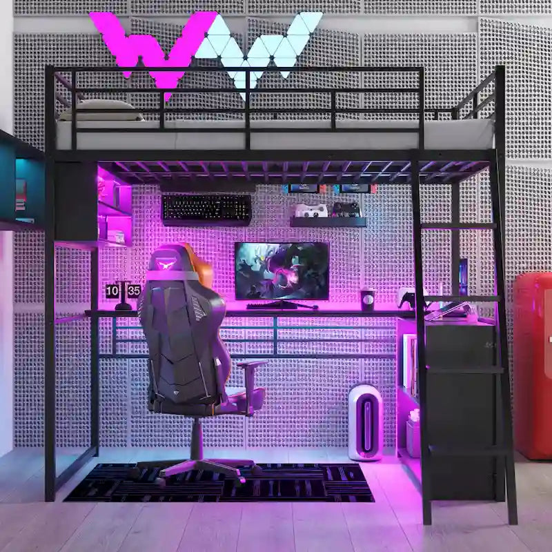 Full Metal Loft Bed with LED Desk & Storage