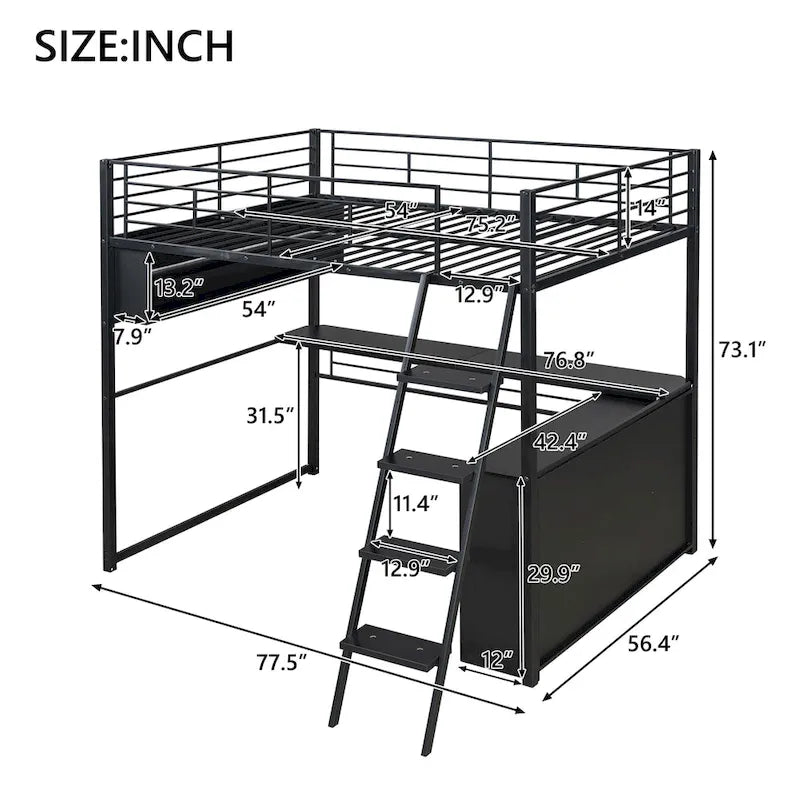 Full Metal Loft Bed with LED Desk & Storage