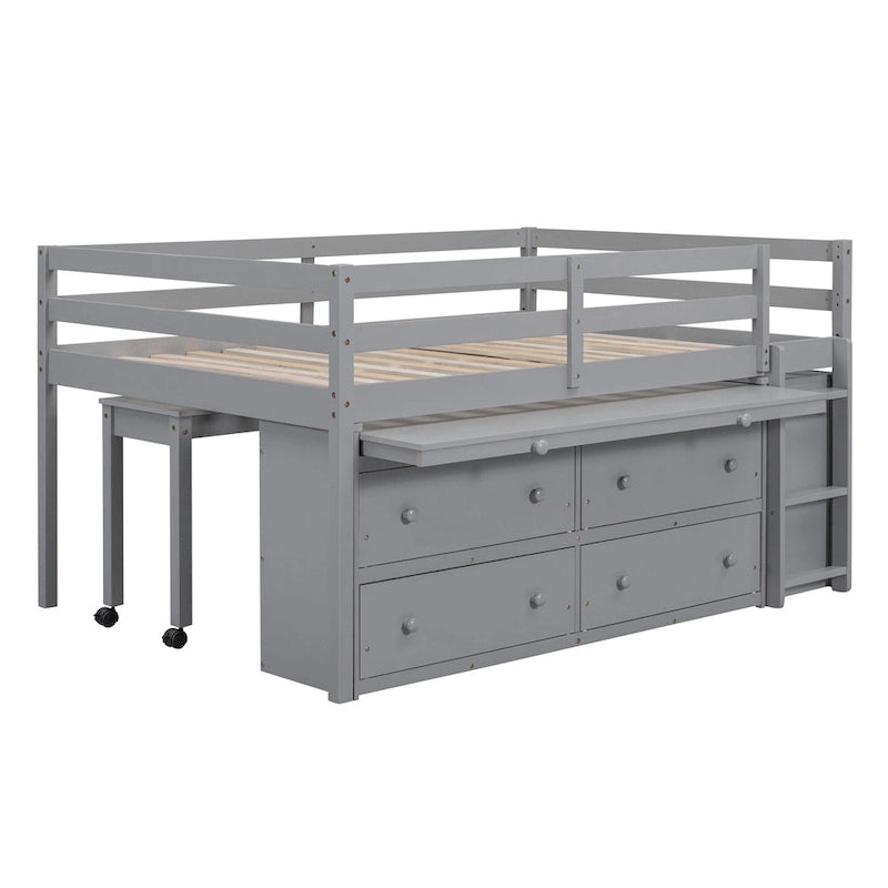 Full Size Loft Bed w/ Retractable Writing Desk & 4 Drawers, Wooden Loft Bed w/ Lateral Portabhite