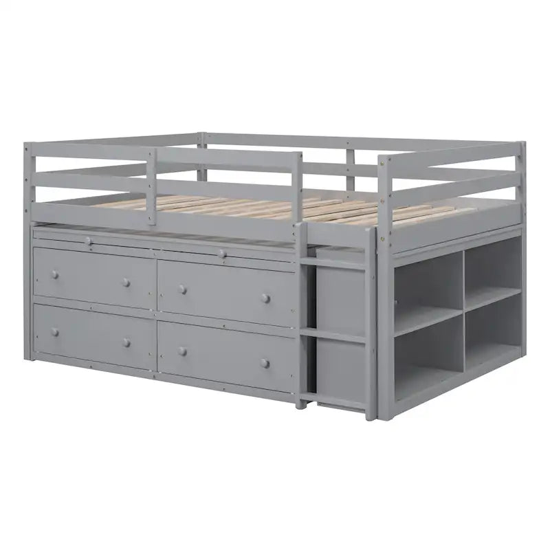 Full Size Loft Bed w/ Retractable Writing Desk & 4 Drawers, Wooden Loft Bed w/ Lateral Portabhite