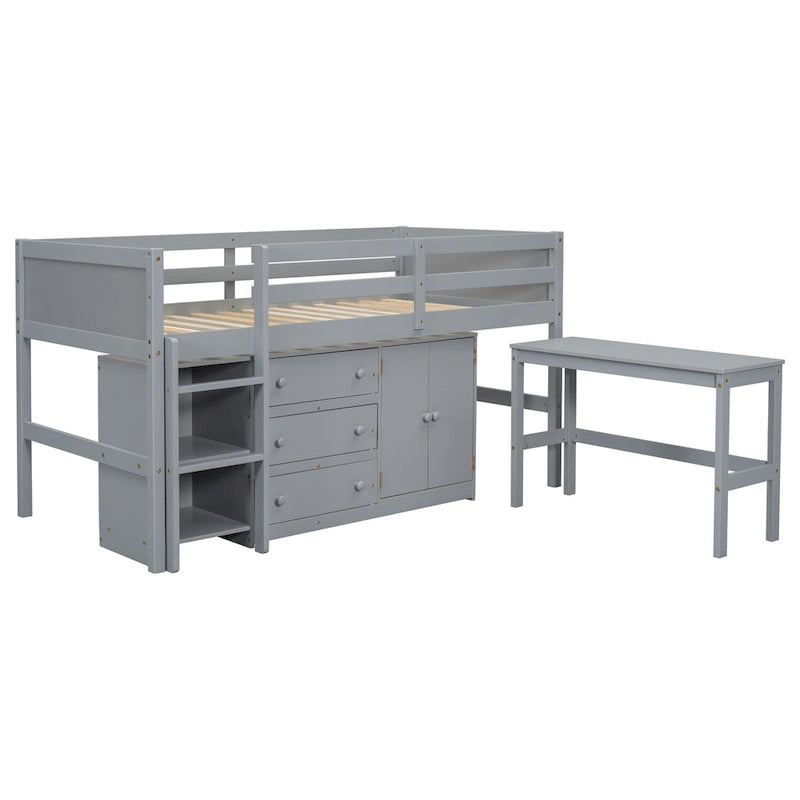 Twin Size Low Loft Bed with Pull Out Desk,Drawers,Cabinet and Shelves
