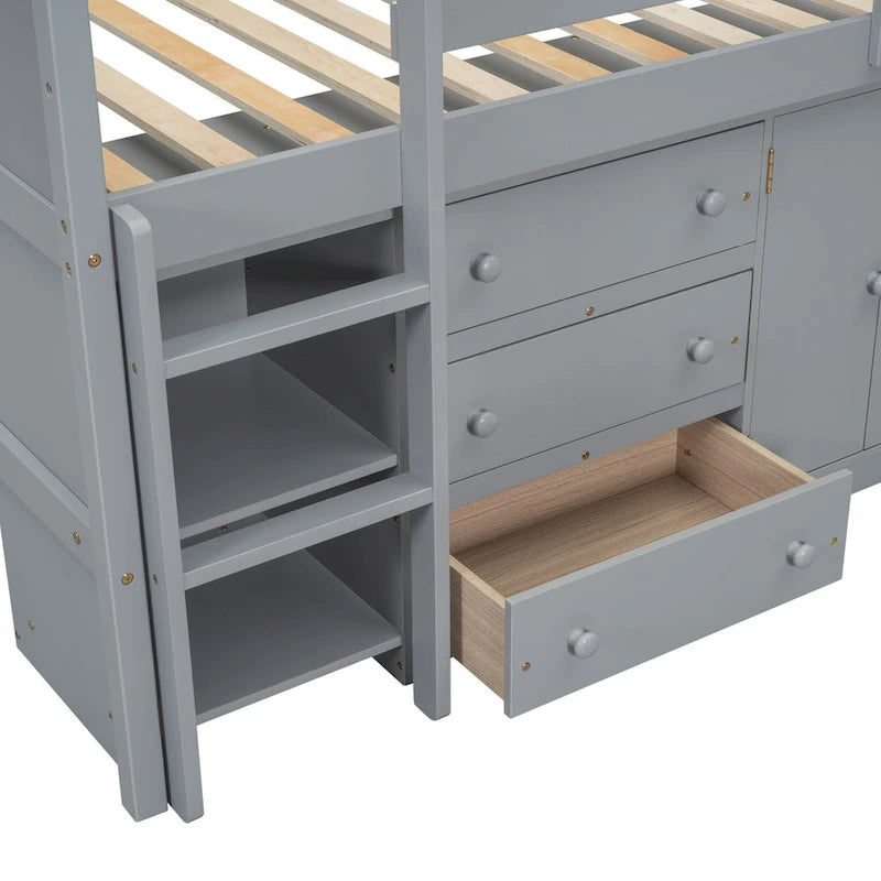 Twin Size Low Loft Bed with Pull Out Desk,Drawers,Cabinet and Shelves