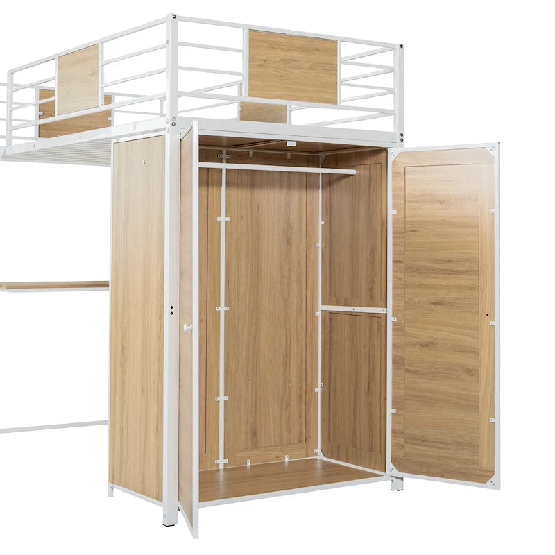Twin Size Metal Wood Loft bed with L-shape Desk, Wardrobe, Fence and Ladder