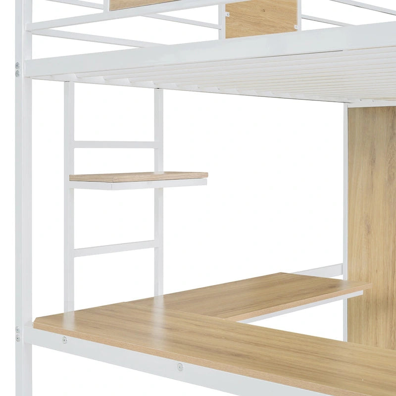 Twin Size Metal Wood Loft bed with L-shape Desk, Wardrobe, Fence and Ladder