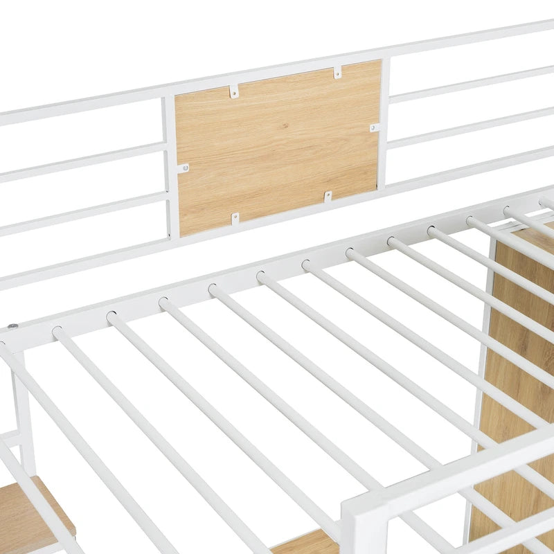 Twin Size Metal Wood Loft bed with L-shape Desk, Wardrobe, Fence and Ladder