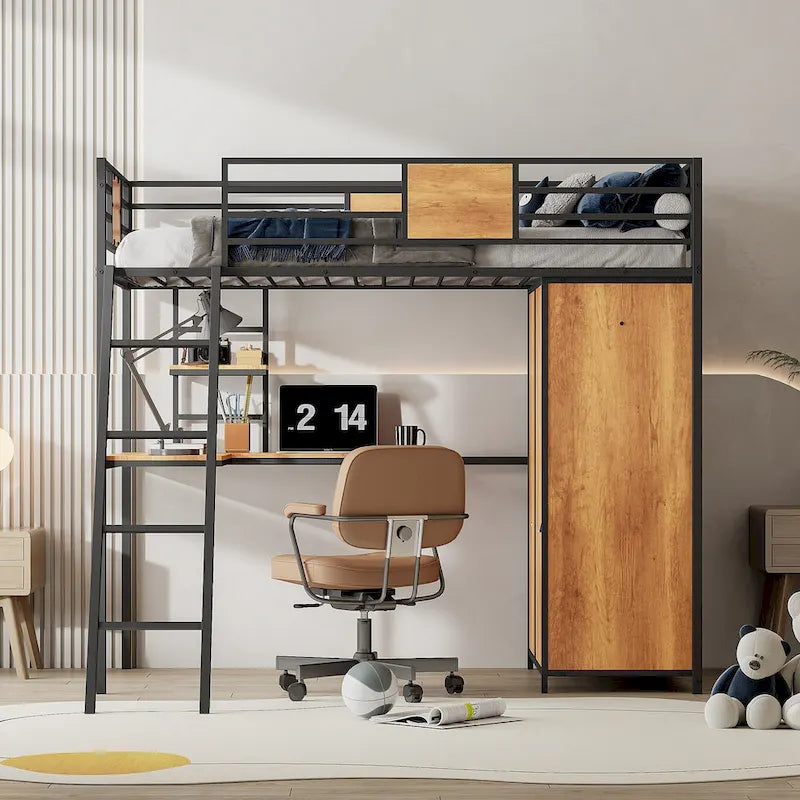 Twin Size Metal Wood Loft bed with L-shape Desk, Wardrobe, Fence and Ladder
