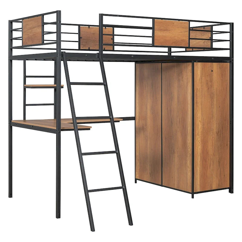 Twin Size Metal Wood Loft bed with L-shape Desk, Wardrobe, Fence and Ladder