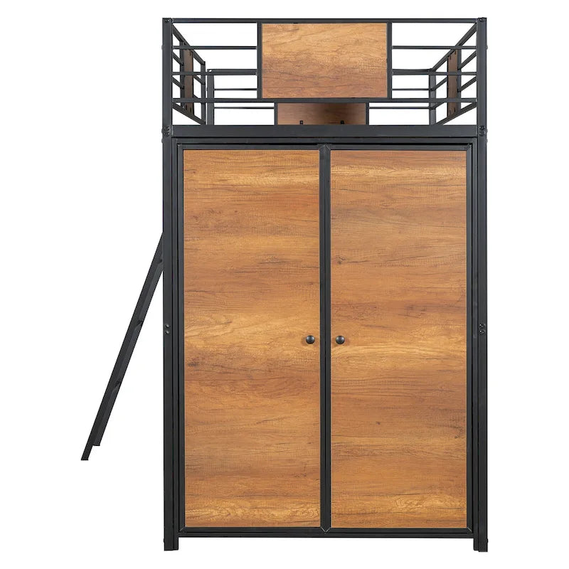 Twin Size Metal Wood Loft bed with L-shape Desk, Wardrobe, Fence and Ladder