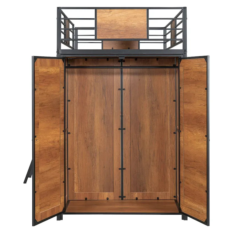 Twin Size Metal Wood Loft bed with L-shape Desk, Wardrobe, Fence and Ladder