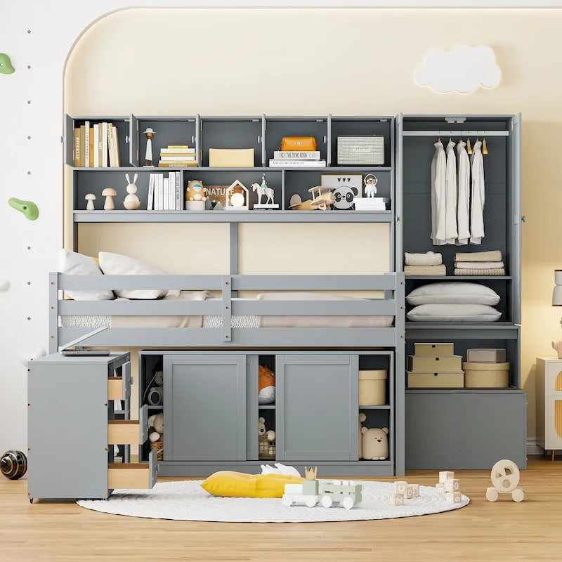 Gray Full Size Wooden Loft Bed with Integrated Wardrobe, Under-bed Desk, Drawers, with Shelves