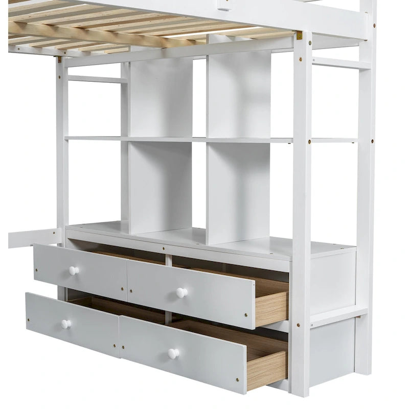 White Full Size Pine Loft Bed with Built-in Desk & Drawers