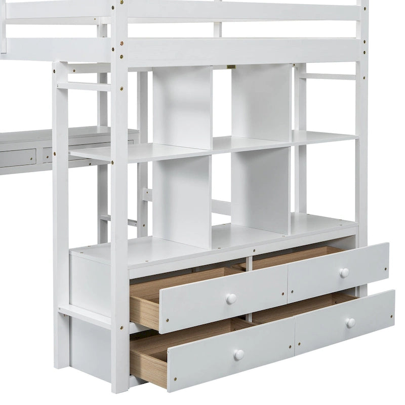 White Full Size Pine Loft Bed with Built-in Desk & Drawers