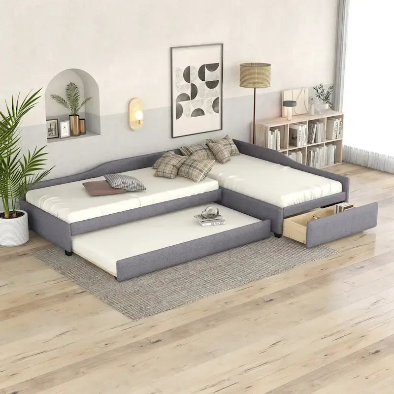 L Shaped Twin Daybed with Trundle, Upholstered Daybed with Storage Drawer, Double Twin Size Floor Platform Bed for Bedroom