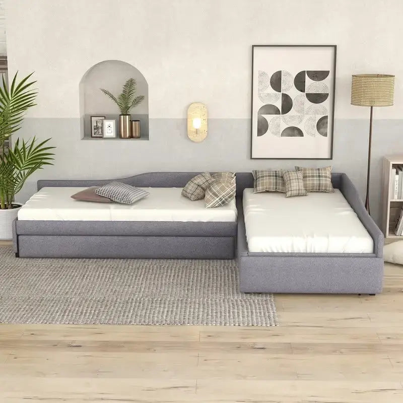 L Shaped Twin Daybed with Trundle, Upholstered Daybed with Storage Drawer, Double Twin Size Floor Platform Bed for Bedroom