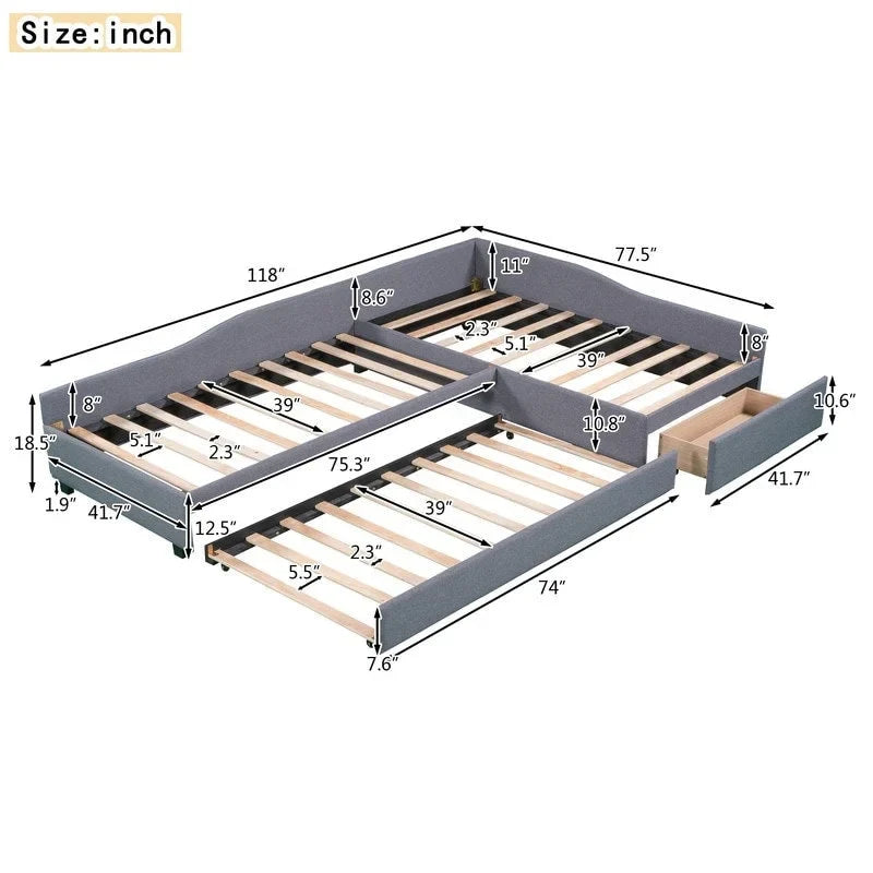 L Shaped Twin Daybed with Trundle, Upholstered Daybed with Storage Drawer, Double Twin Size Floor Platform Bed for Bedroom