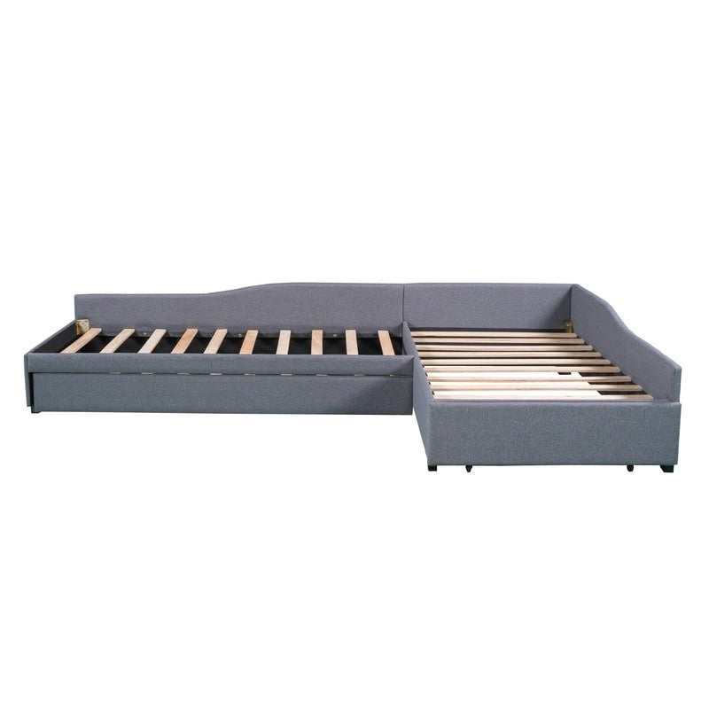 L Shaped Twin Daybed with Trundle, Upholstered Daybed with Storage Drawer, Double Twin Size Floor Platform Bed for Bedroom