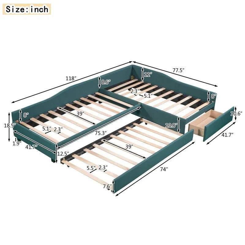 L Shaped Twin Daybed with Trundle, Upholstered Daybed with Storage Drawer, Double Twin Size Floor Platform Bed for Bedroom