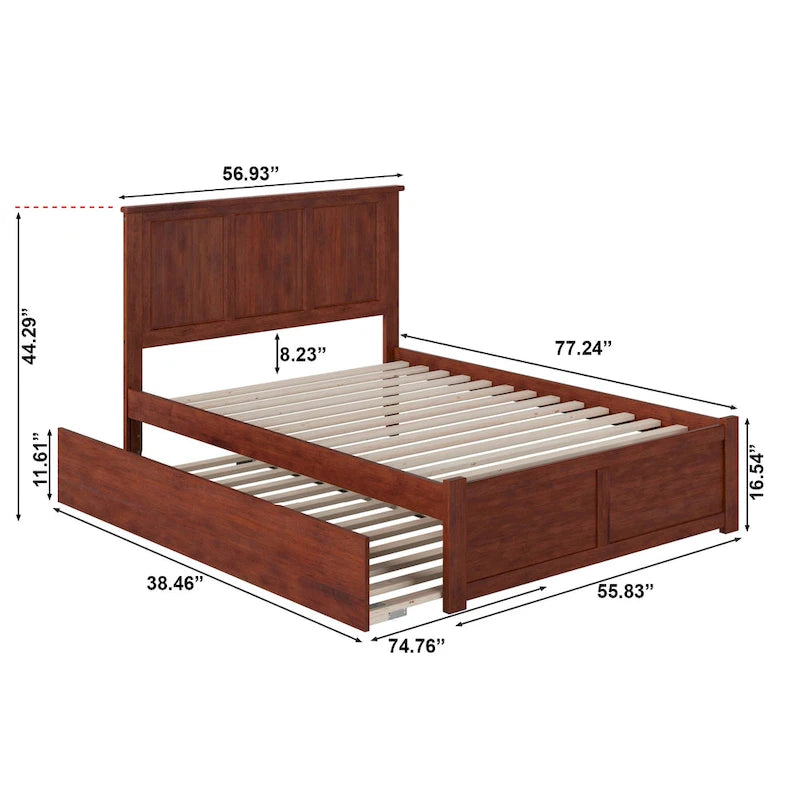 Full Platform Bed with Footboard and Twin Trundle in Walnut