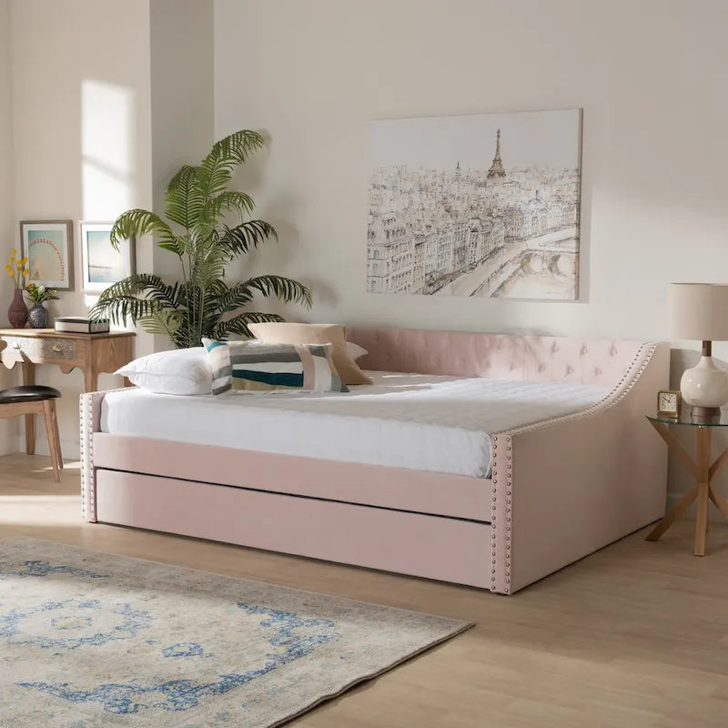 Modern Velvet Fabric Upholstered Daybed with Trundle