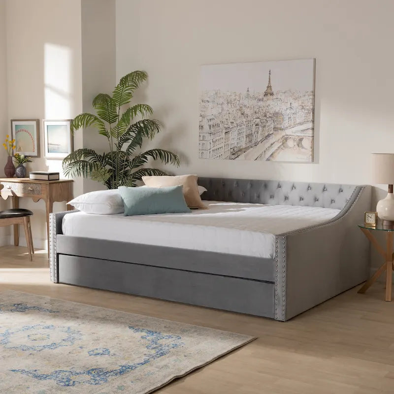 Modern Velvet Fabric Upholstered Daybed with Trundle