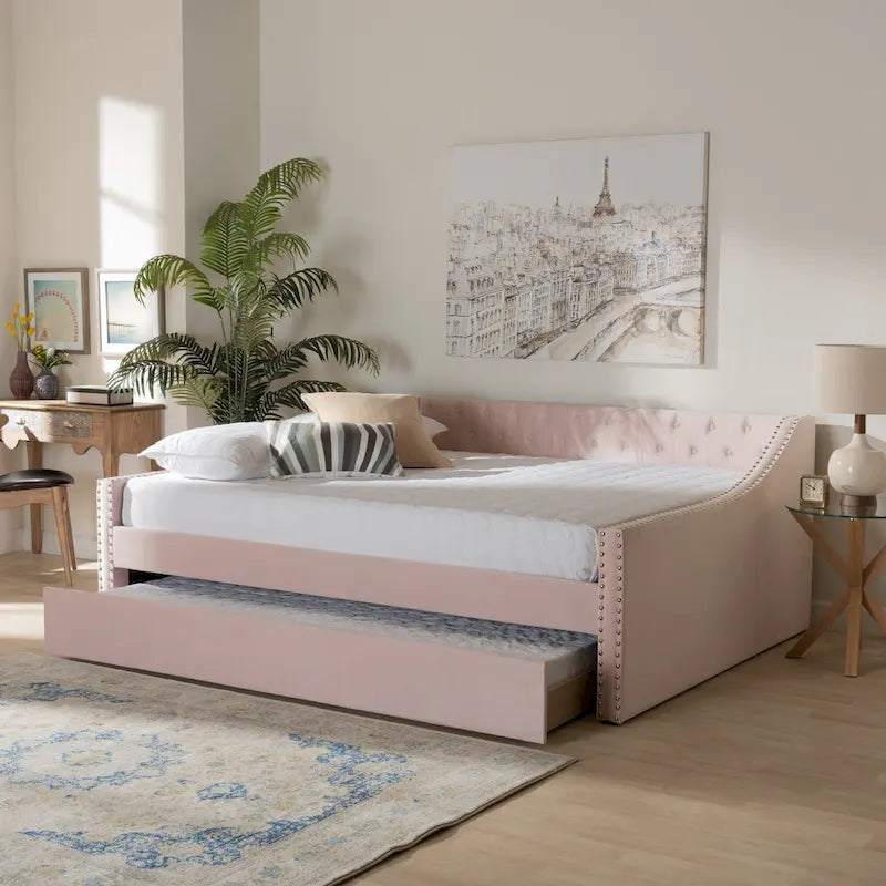 Modern Velvet Fabric Upholstered Daybed with Trundle