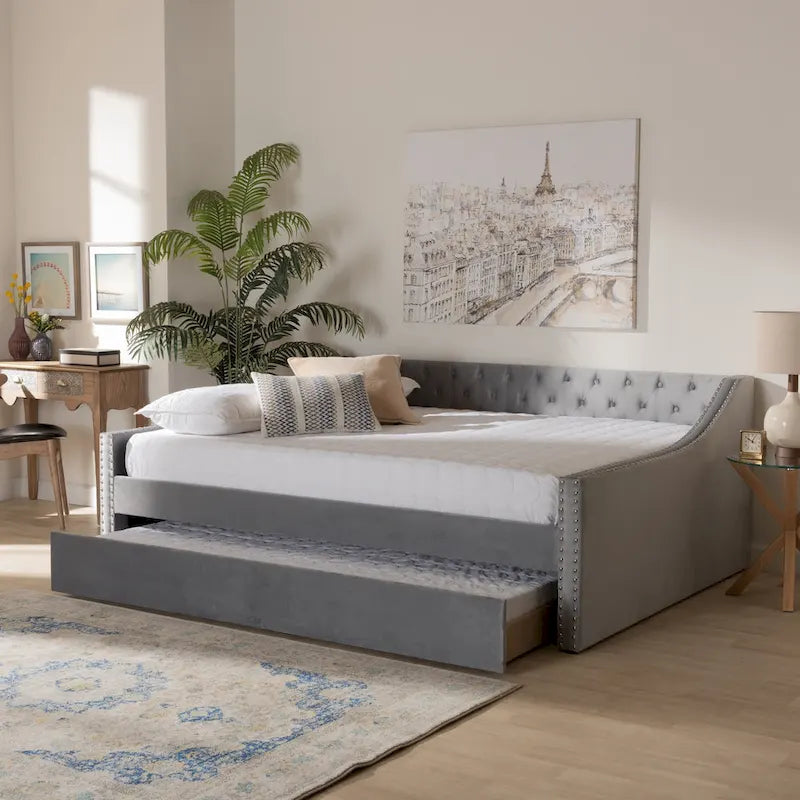 Modern Velvet Fabric Upholstered Daybed with Trundle