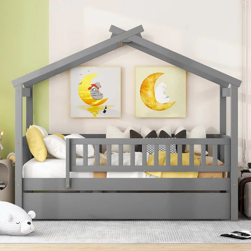 Wooden House Bed with Twin Size Trundle