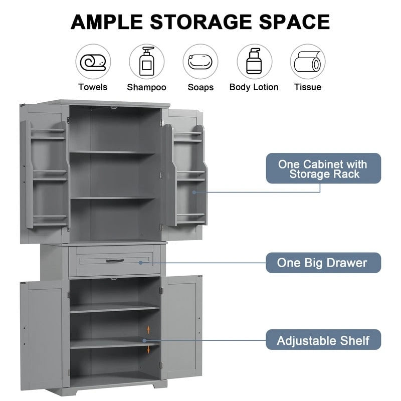 72Tall Bathroom Storage Cabinet with Doors and Drawer, Multiple Storage Space, Adjustable Shelf, Grey