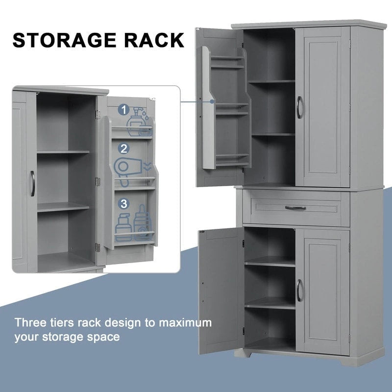 72Tall Bathroom Storage Cabinet with Doors and Drawer, Multiple Storage Space, Adjustable Shelf, Grey