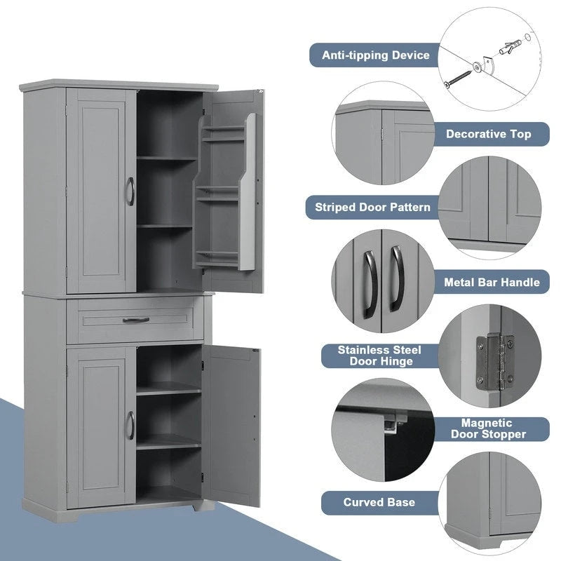 72Tall Bathroom Storage Cabinet with Doors and Drawer, Multiple Storage Space, Adjustable Shelf, Grey