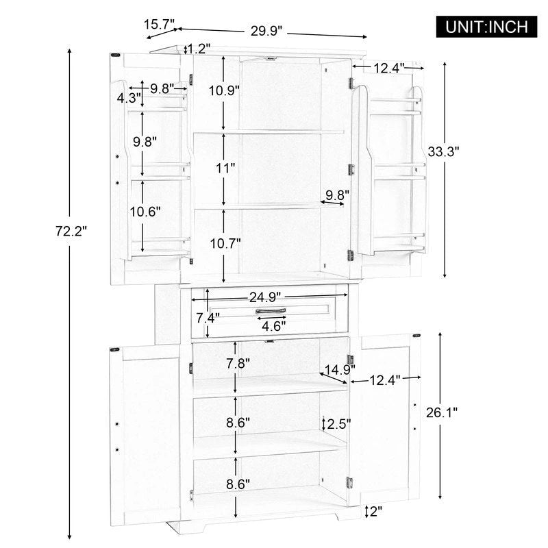 72Tall Bathroom Storage Cabinet with Doors and Drawer, Multiple Storage Space, Adjustable Shelf, Grey