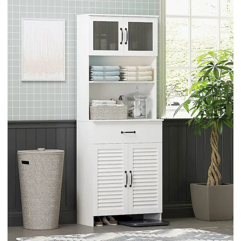 Freestanding Cabinet with Top Bottom Enclosed Cabinet Space, Tall Cabinet with Doors and Drawer, White