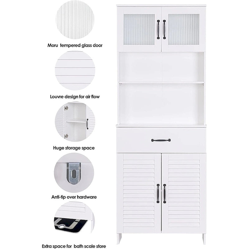 Freestanding Cabinet with Top Bottom Enclosed Cabinet Space, Tall Cabinet with Doors and Drawer, White