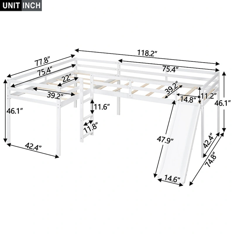 L-Shaped Twin Size Loft Bed with Ladder and Slide, Gray