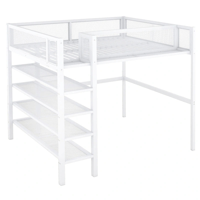 Full Size Metal Loft Bed with 4-Tier Shelves and Storage, Black