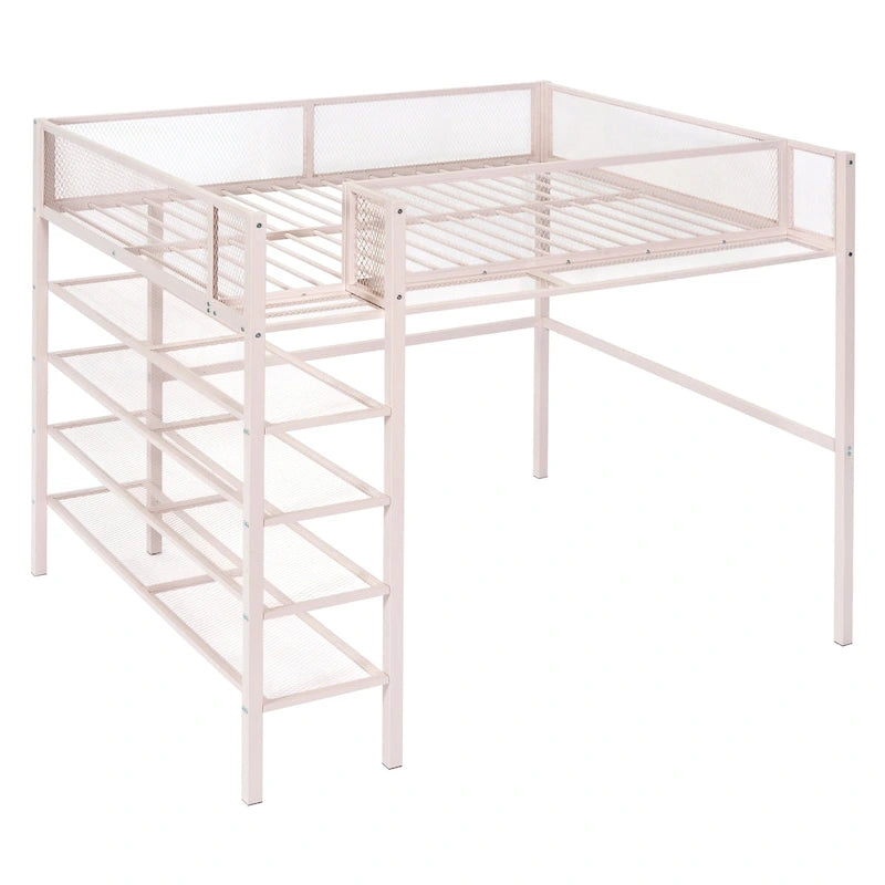 Full Size Metal Loft Bed with 4-Tier Shelves and Storage, Black