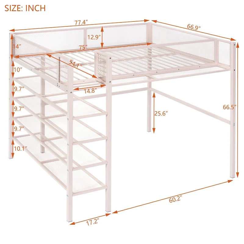 Full Size Metal Loft Bed with 4-Tier Shelves and Storage, Black
