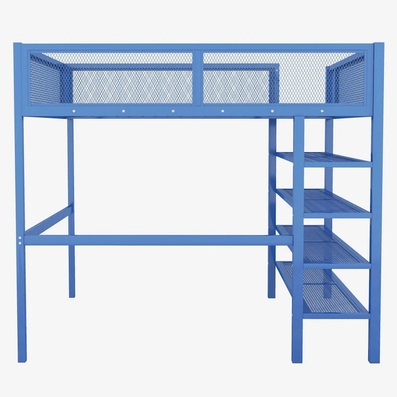 Full Size Metal Loft Bed with 4-Tier Shelves and Storage, Black