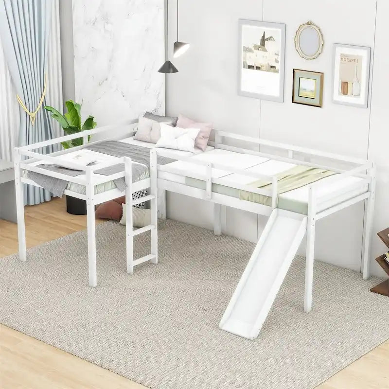 L-Shaped Twin Size Wood Loft Bed with Ladder and Slide