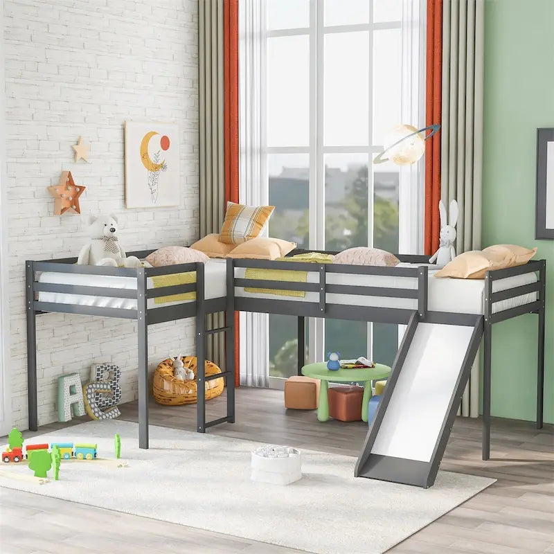 L-Shaped Twin Size Wood Loft Bed with Ladder and Slide