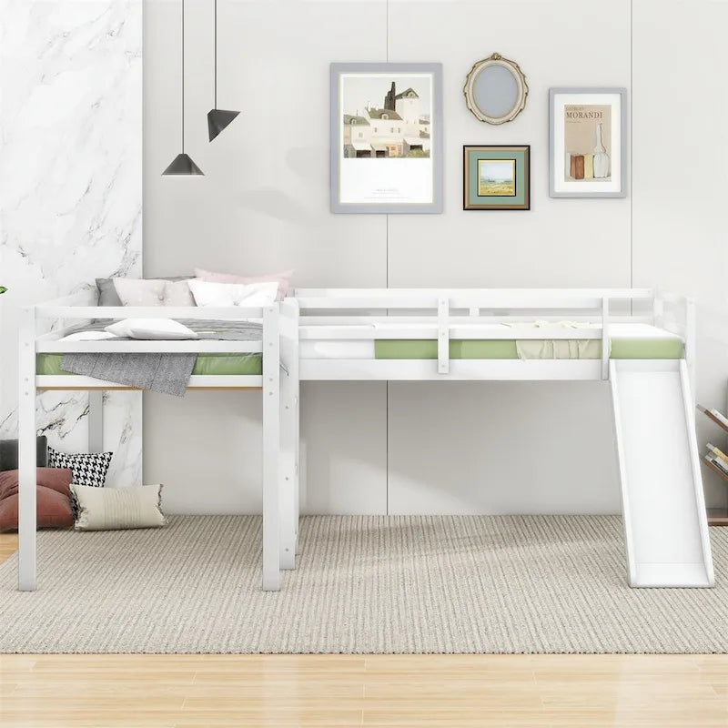 L-Shaped Twin Size Wood Loft Bed with Ladder and Slide