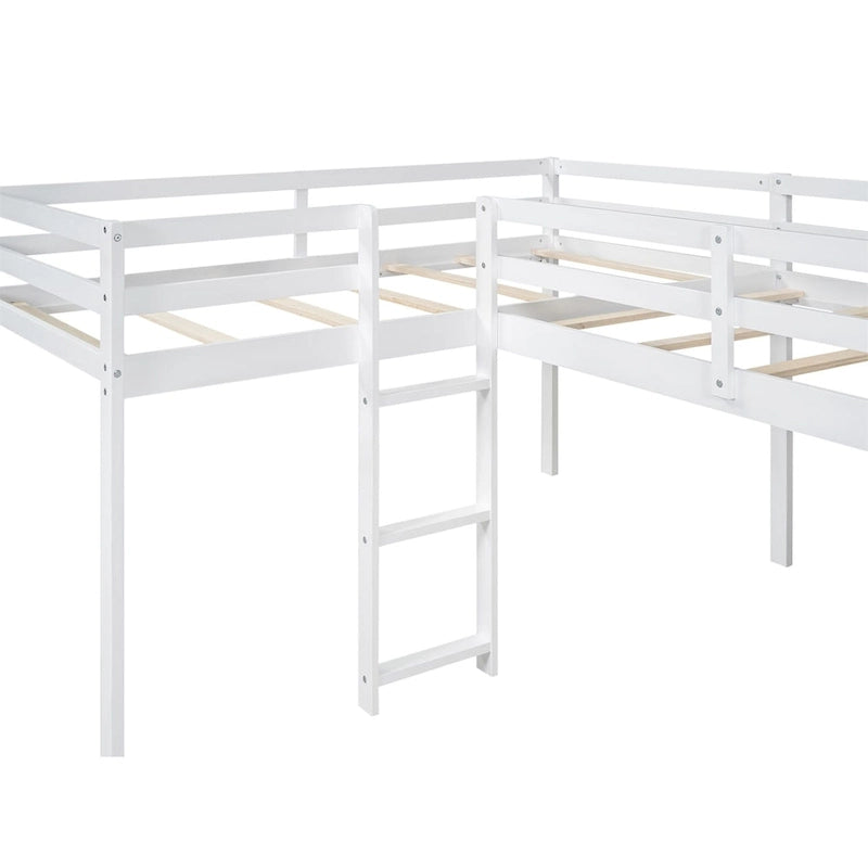 L-Shaped Twin Size Wood Loft Bed with Ladder and Slide