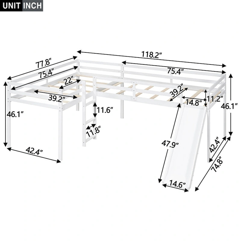 L-Shaped Twin Size Wood Loft Bed with Ladder and Slide