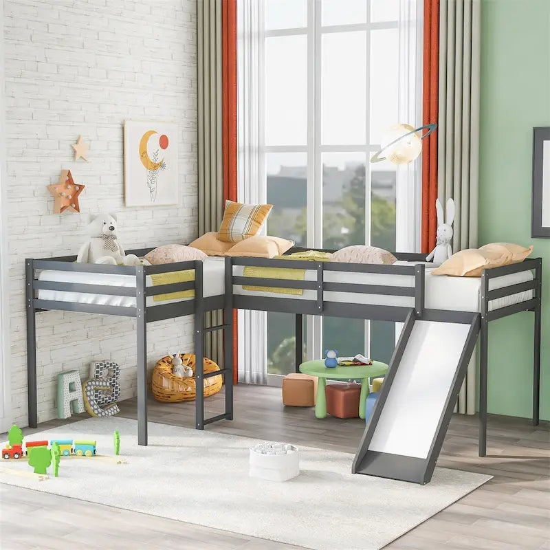 L-Shaped Twin Size Wood Loft Bed with Ladder and Slide