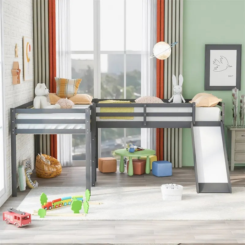L-Shaped Twin Size Wood Loft Bed with Ladder and Slide