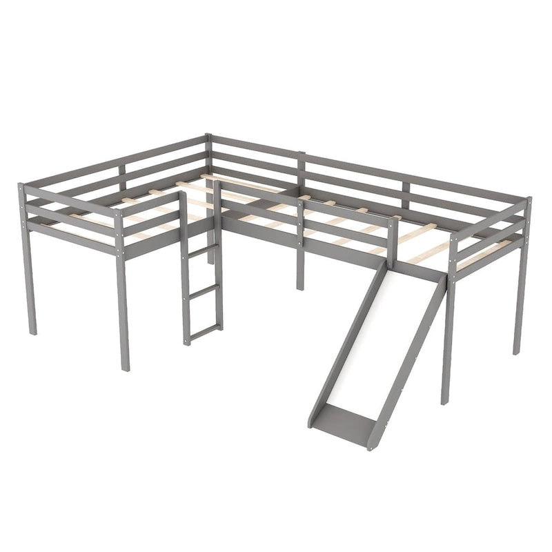 L-Shaped Twin Size Wood Loft Bed with Ladder and Slide