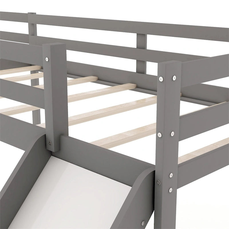 L-Shaped Twin Size Wood Loft Bed with Ladder and Slide